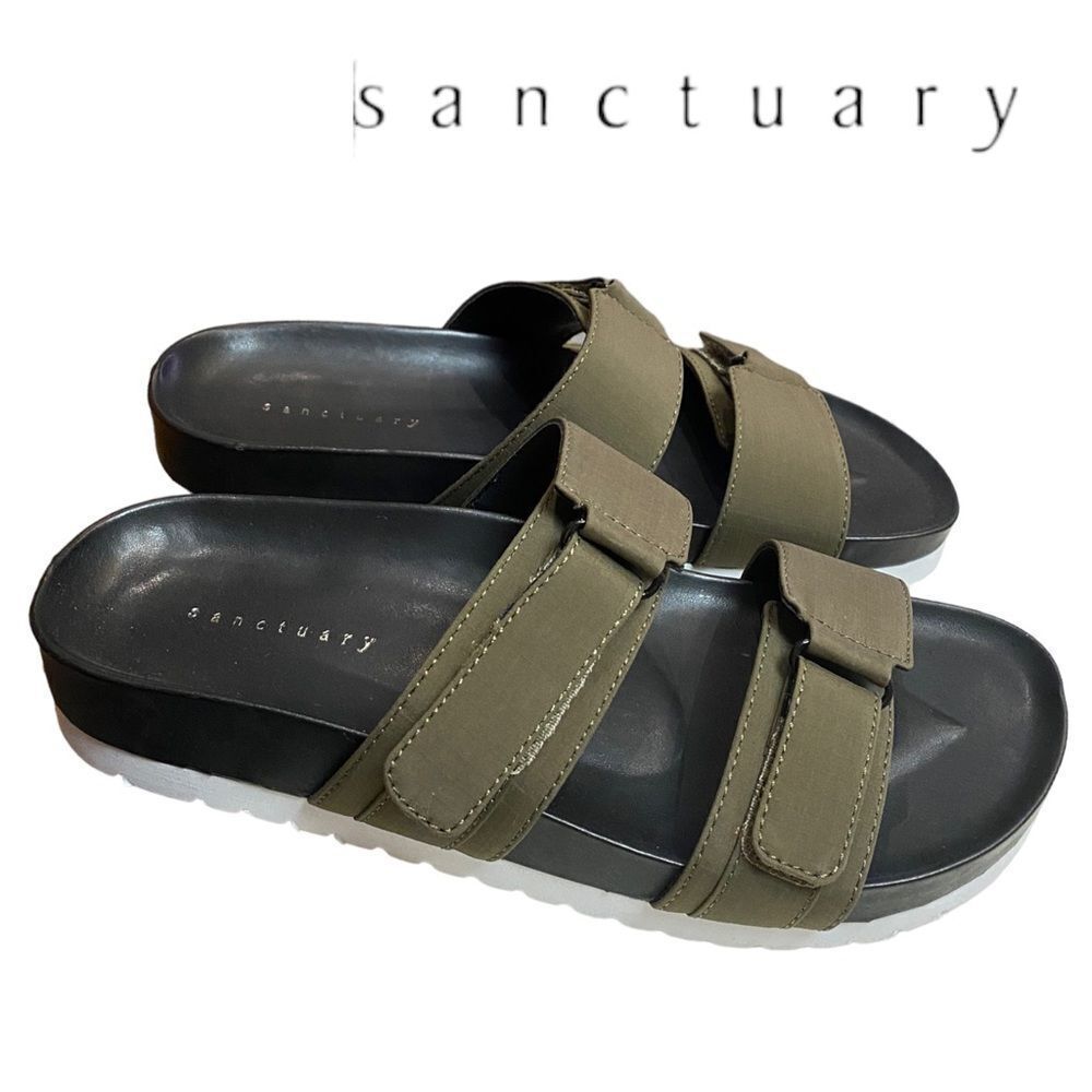 SANCTUARY Tango Fatigue Green Slide Platform Sandals NEW 7
